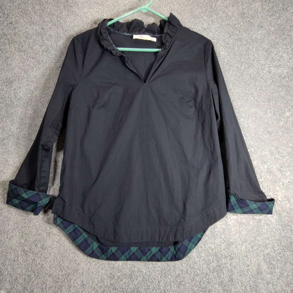Vineyard Vines Black Ruffle Blouse Small Green Plaid Trim Preppy Top 2W001277